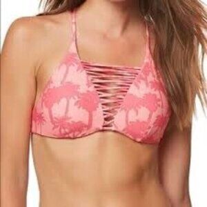 O'NEILL Womens Bikini Top XSmall Swim Coral Pink Palm Tree‎ Tropical Coastal
